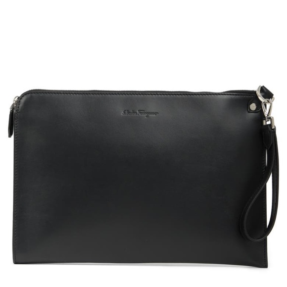 Salvatore Ferragamo Leather Portfolio Zip Pouch Large Black NEW - Picture 1 of 17